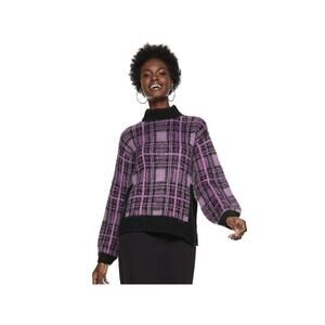 NINE WEST PLAID BLACK YELLOW SWEATER SIZE SMALL